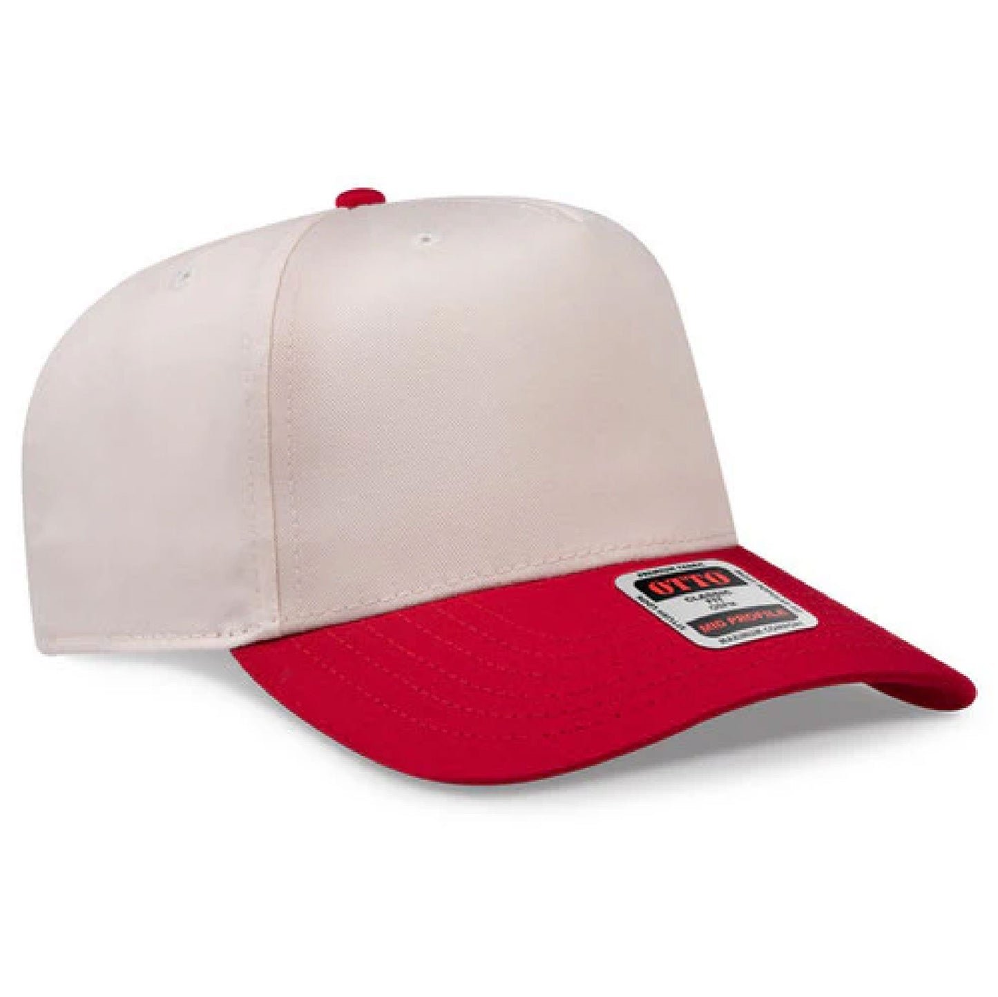 Beige and red cap with a brand label on a white background