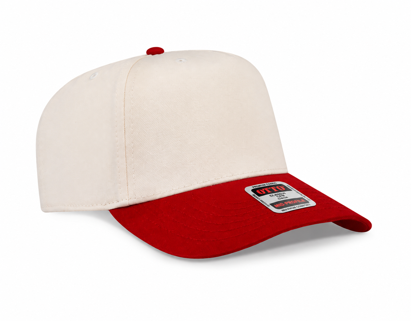 Two-tone cap with white front and red bill on a white background