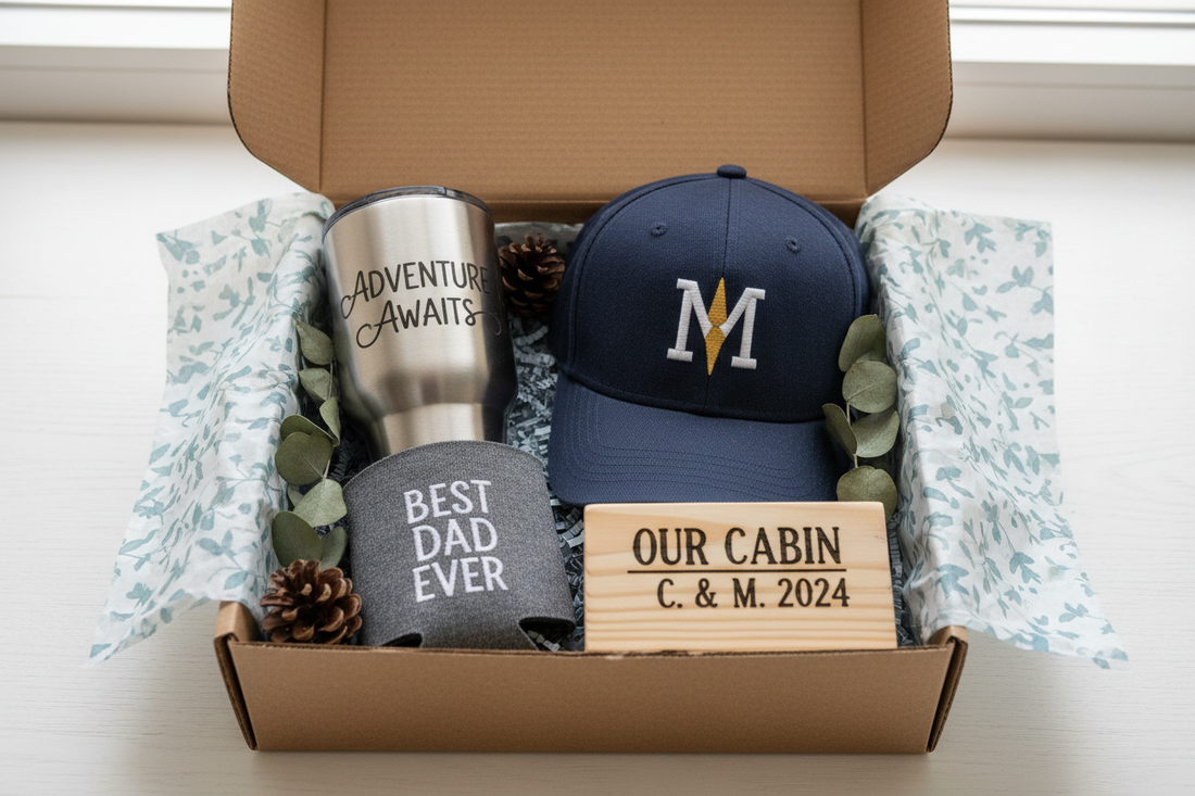 Flat lay of personalized gift set with engraved tumbler, embroidered hat, koozie, and wooden sign arranged neatly in a decorated gift box.