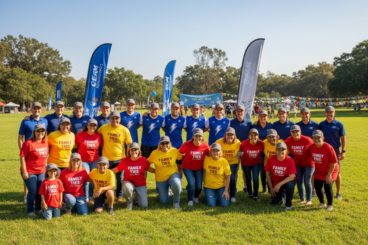 Flat lay of custom branded merchandise including engraved tumblers, embroidered apparel, and wooden signage for small business marketing.
