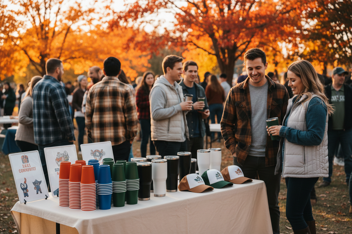 Custom embroidered hats, drinkware, and signs displayed at a fall community event.