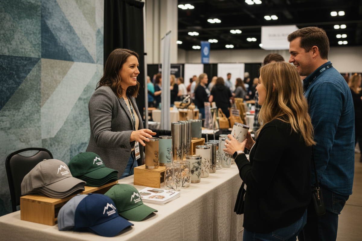 Trade show booth displaying custom embroidered hats, branded tumblers, and promotional drinkware for attendees.