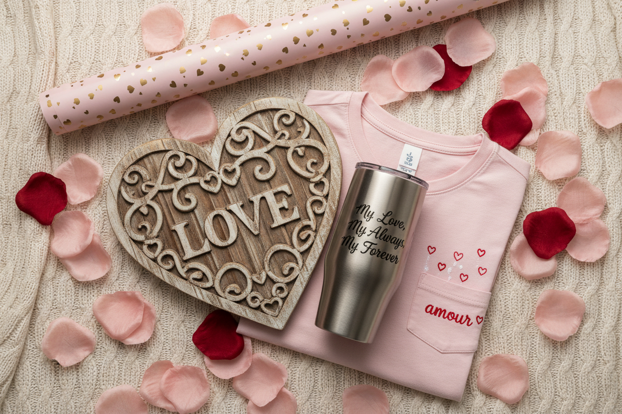 Flat lay of personalized Valentine’s Day gifts including engraved tumbler, wooden heart sign, and embroidered shirt surrounded by roses and ribbon.