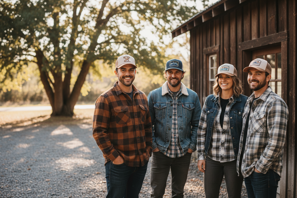 Small-business team wearing custom embroidered trucker hats outside a workshop.