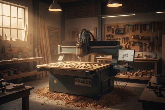 CNC machine carving a custom wooden sign with engraved lettering in a workshop filled with woodworking tools.