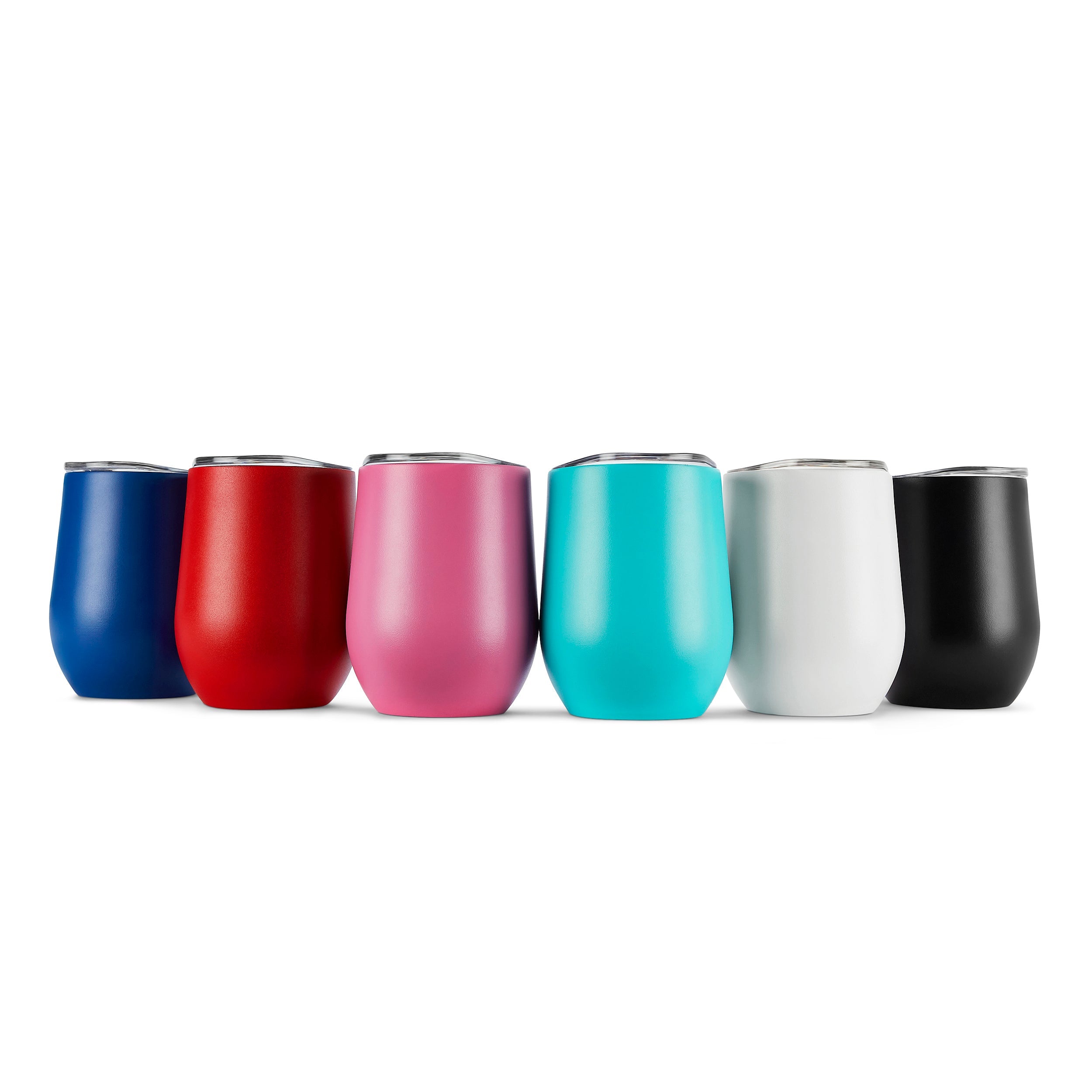 Set of six colorful stainless steel tumblers on a white background