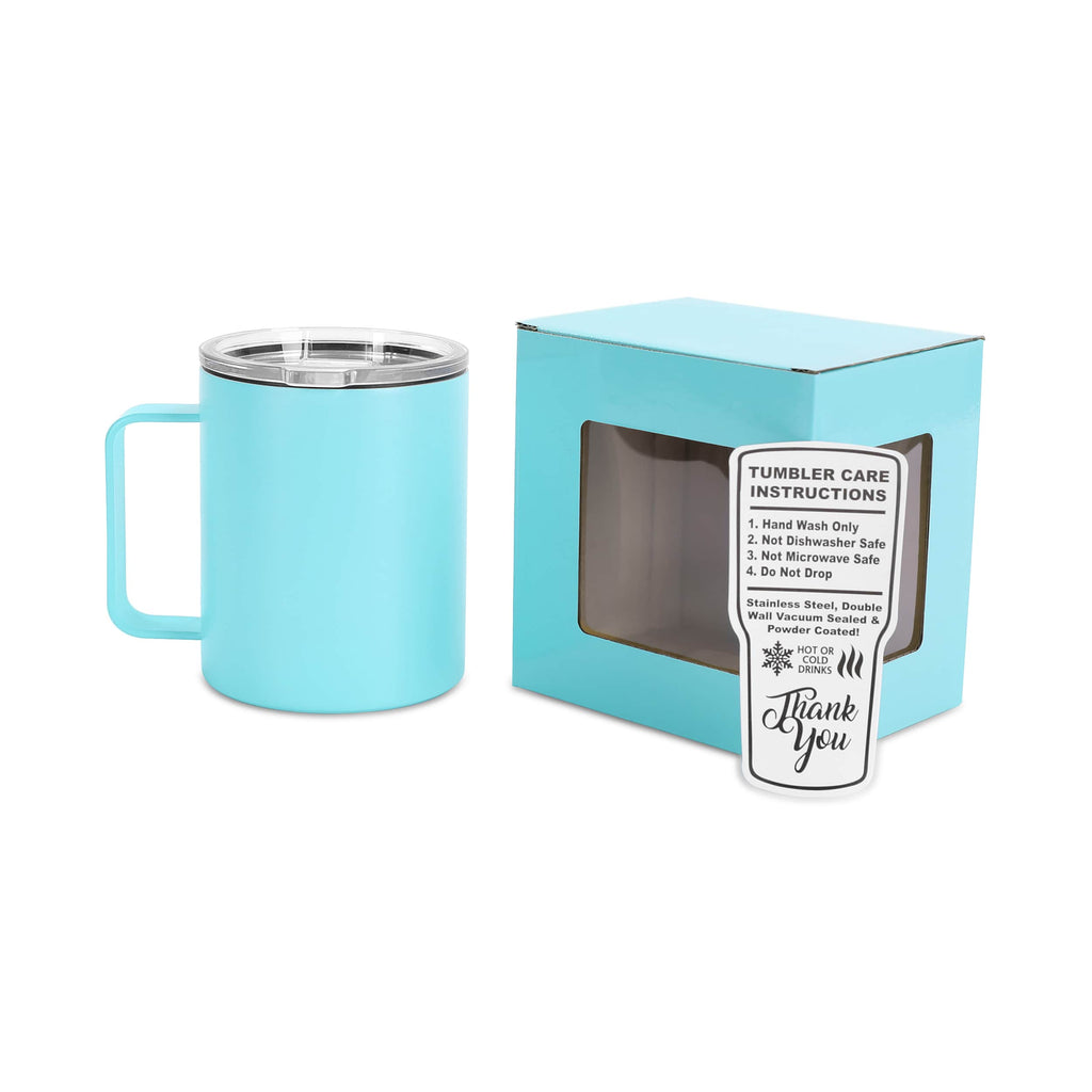 Turquoise tumbler with a box containing care instructions on a white background