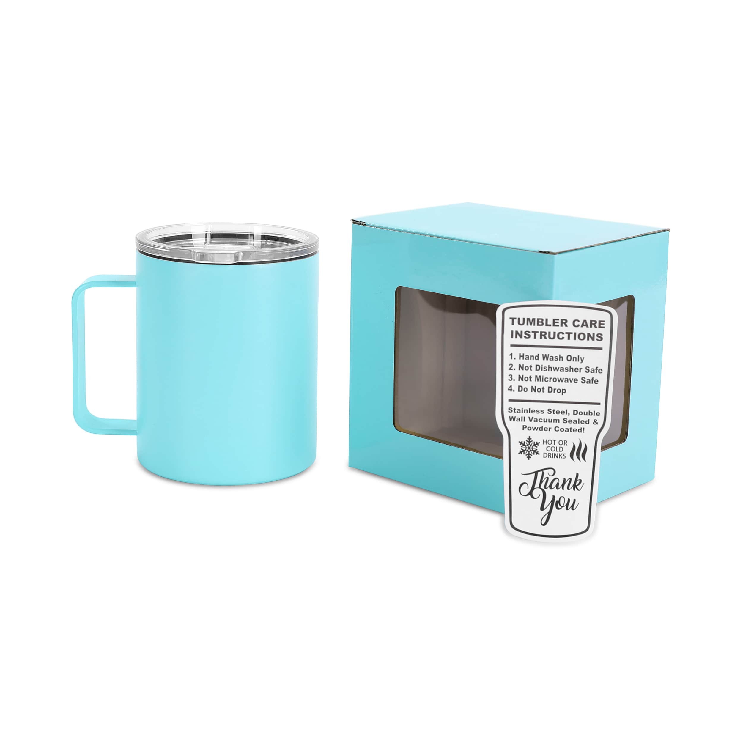 Turquoise tumbler with a box containing care instructions on a white background