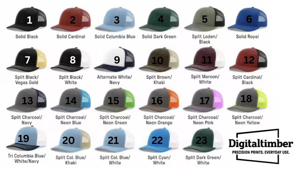 Collection of various hats with different color combinations displayed against a white background, featuring the Digitaltimber brand.