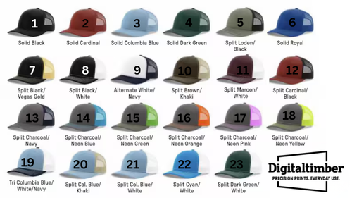 Collection of various hats with different color combinations displayed against a white background, featuring the Digitaltimber brand.