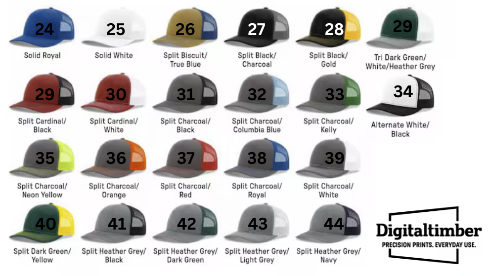 Collection of various hats with different color combinations displayed against a white background, featuring the Digitaltimber brand.