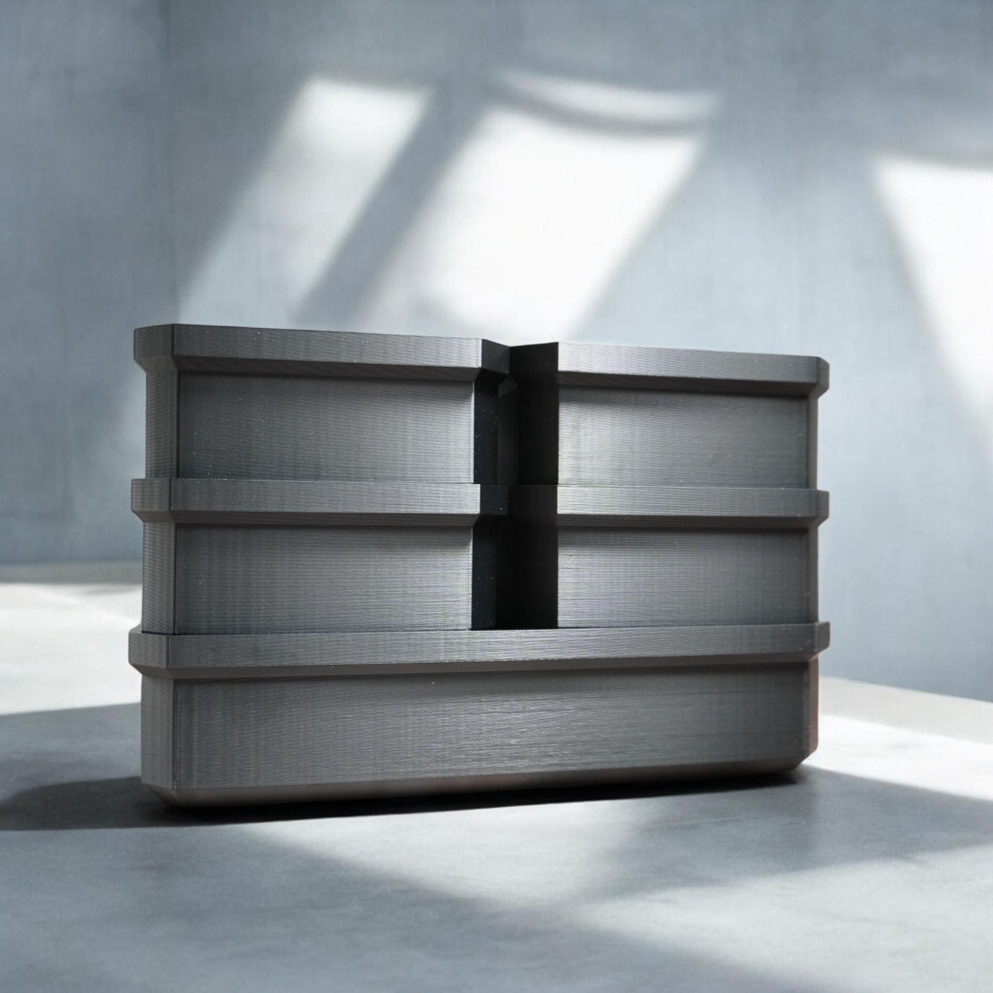 Bit Bins designed for use with the Milwaukee Low-Profile Compact Small Parts Organizer. Made from durable PETG, this set includes all holders shown in the images: four small square bins and one long rectangular bin.