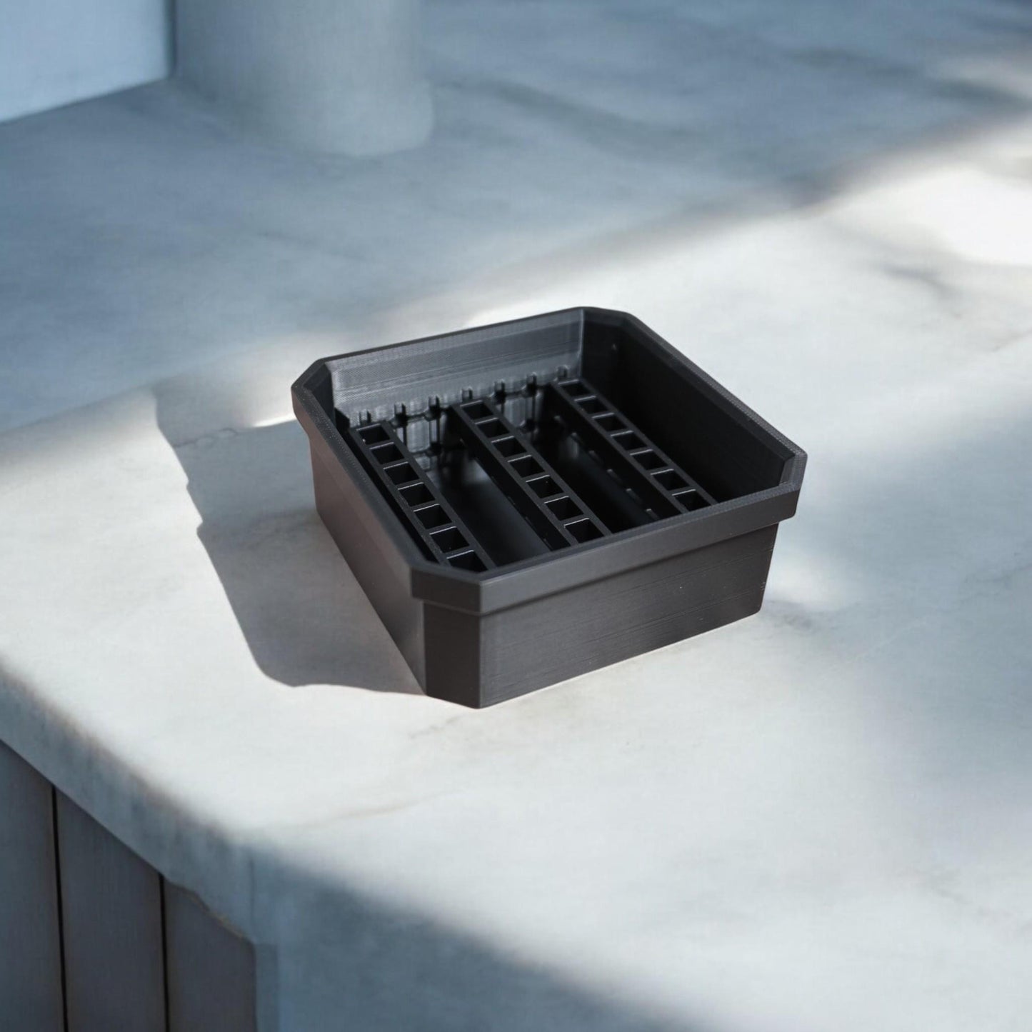 Bit Bins designed for use with the Milwaukee Low-Profile Compact Small Parts Organizer. Made from durable PETG, this set includes all holders shown in the images: four small square bins and one long rectangular bin.