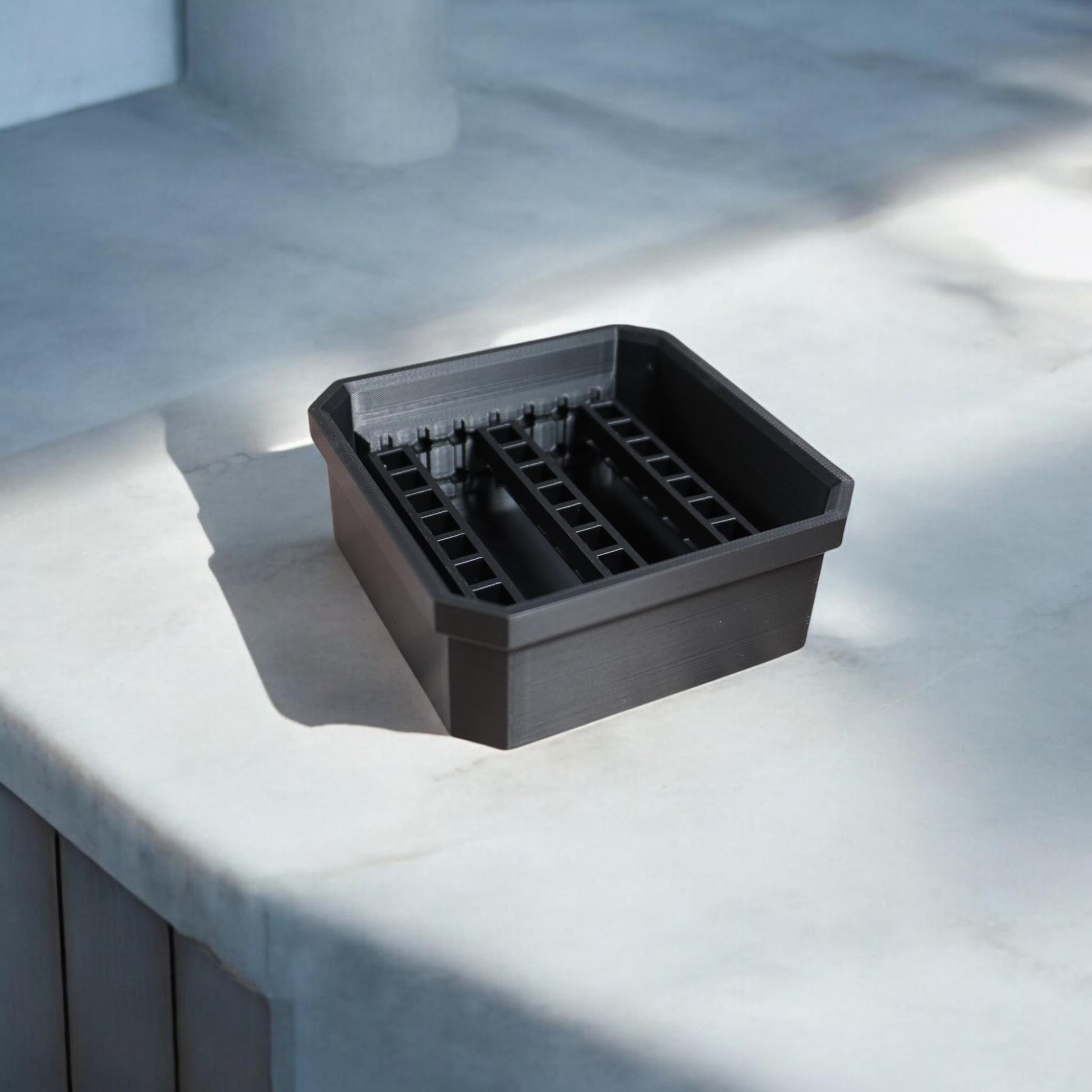 Bit Bins designed for use with the Milwaukee Low-Profile Compact Small Parts Organizer. Made from durable PETG, this set includes all holders shown in the images: four small square bins and one long rectangular bin.