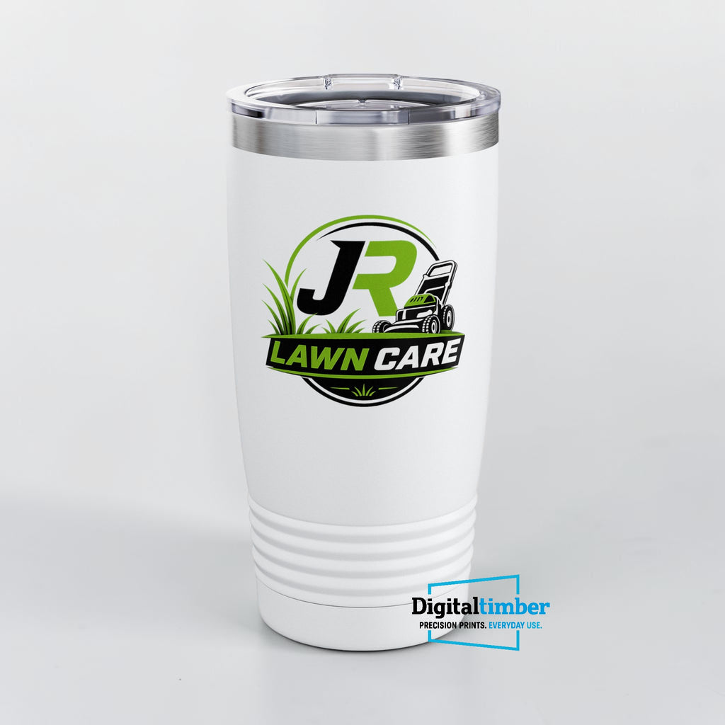 Custom UV printed 20oz white stainless steel tumbler with full-color business logo — JR Lawn Care example by DigitalTimber