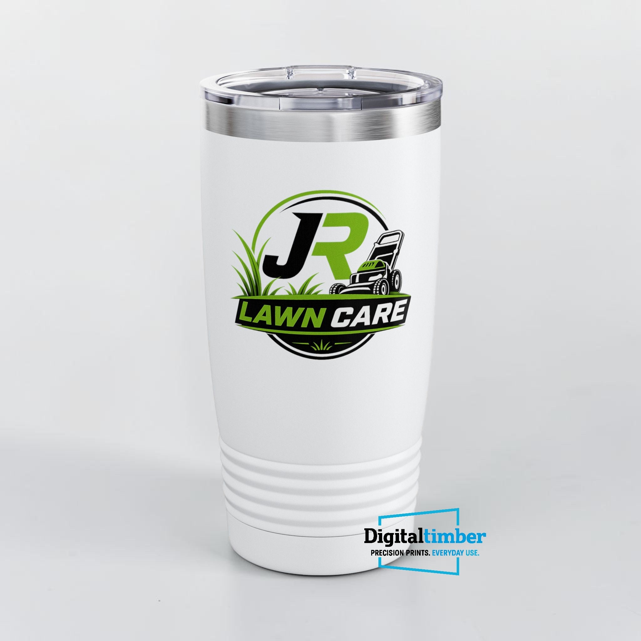 Custom UV printed 20oz white stainless steel tumbler with full-color business logo — JR Lawn Care example by DigitalTimber