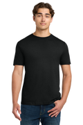 Man wearing a black t-shirt and blue jeans on a white background