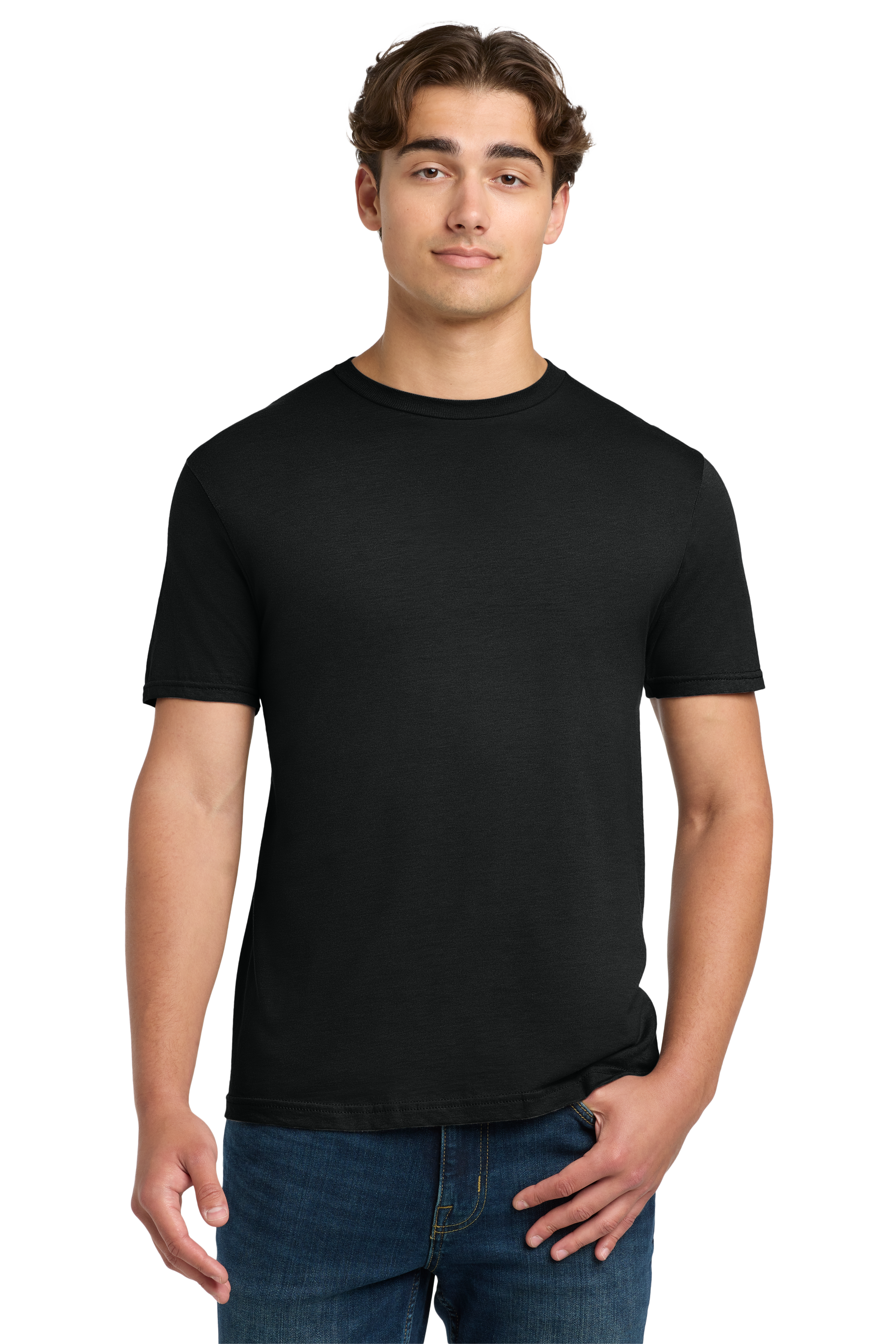 Man wearing a black t-shirt and blue jeans on a white background