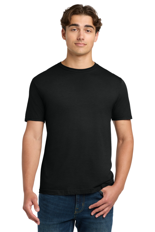 Man wearing a black t-shirt and blue jeans on a white background