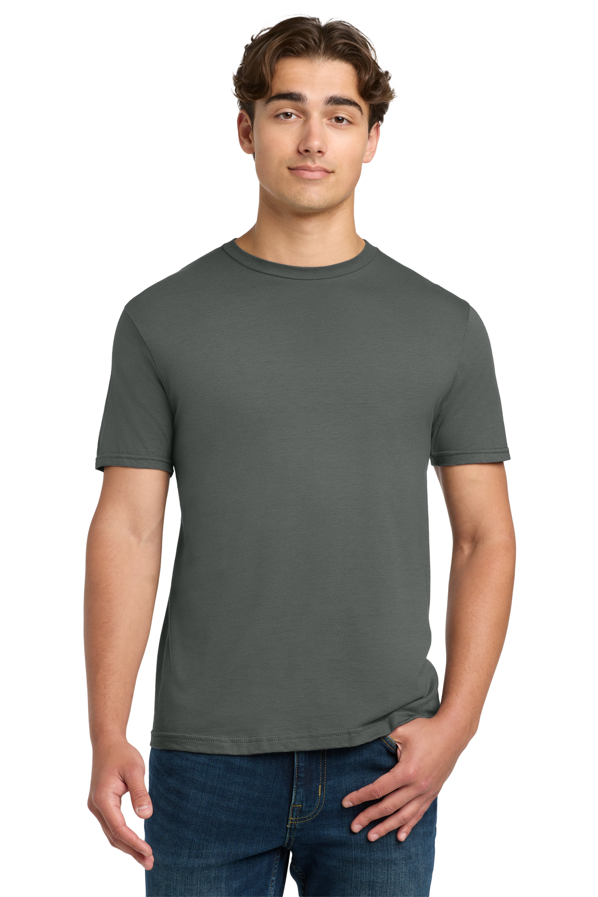 Man wearing a gray t-shirt and blue jeans on a white background