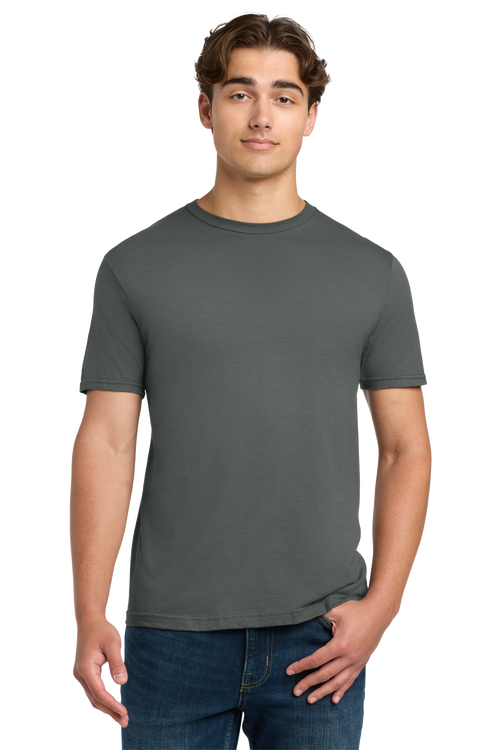 Man wearing a gray t-shirt and blue jeans on a white background