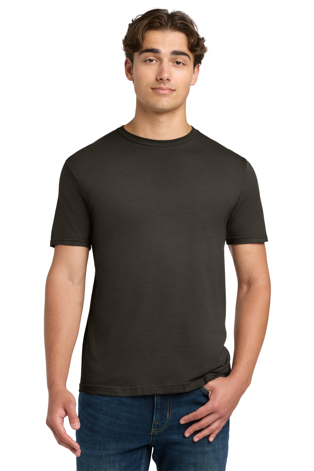 Man wearing a black t-shirt and blue jeans on a white background