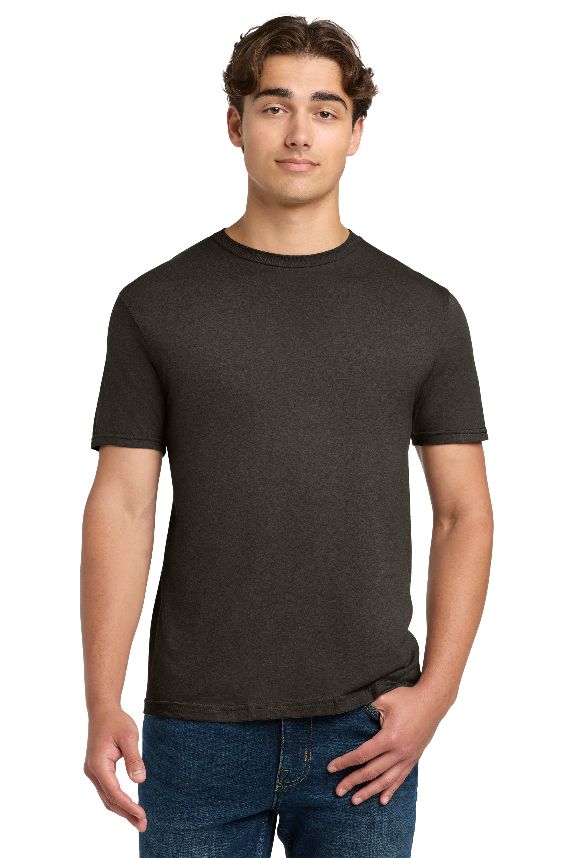 Man wearing a black t-shirt and blue jeans on a white background