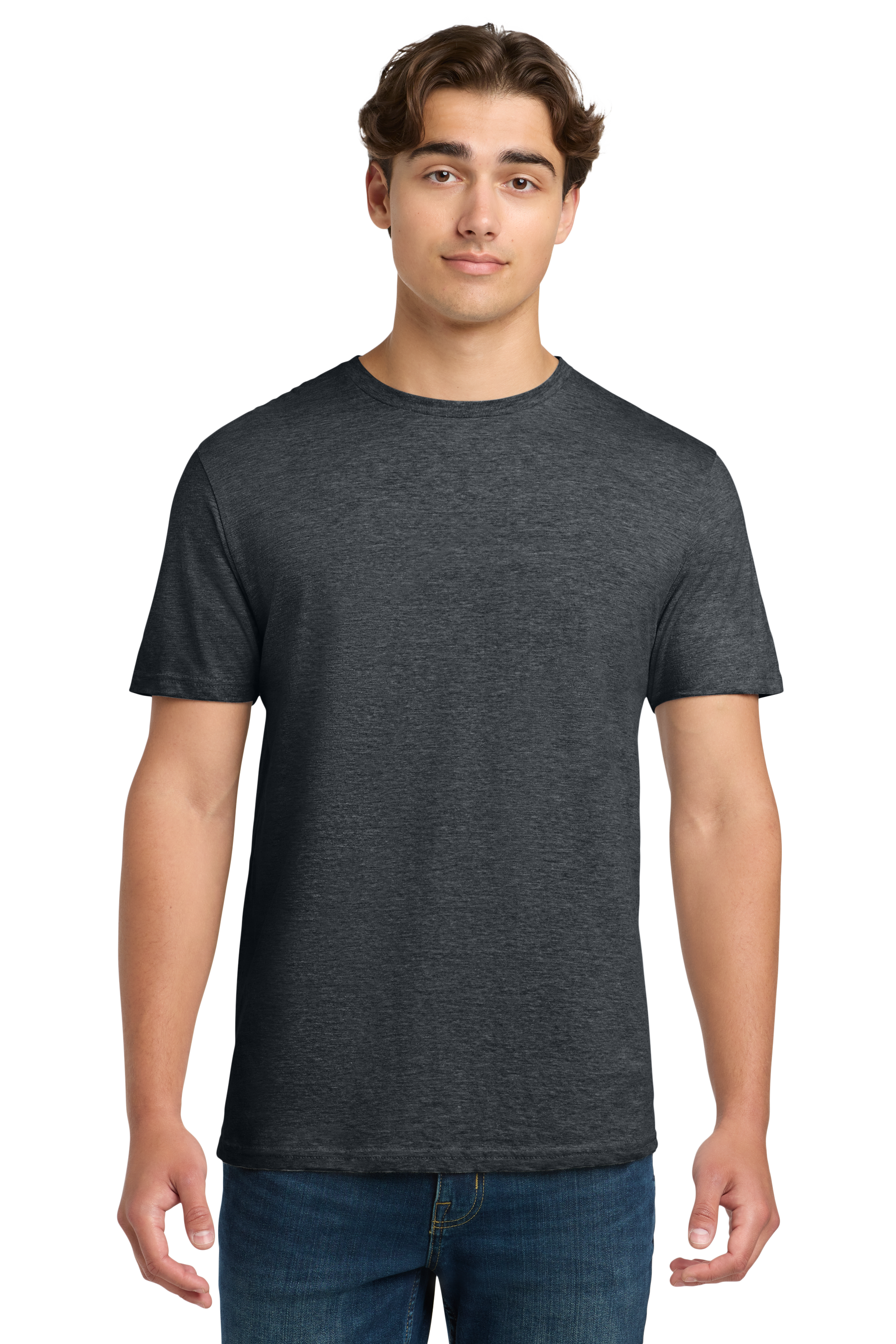 Man wearing a dark gray t-shirt on a white background