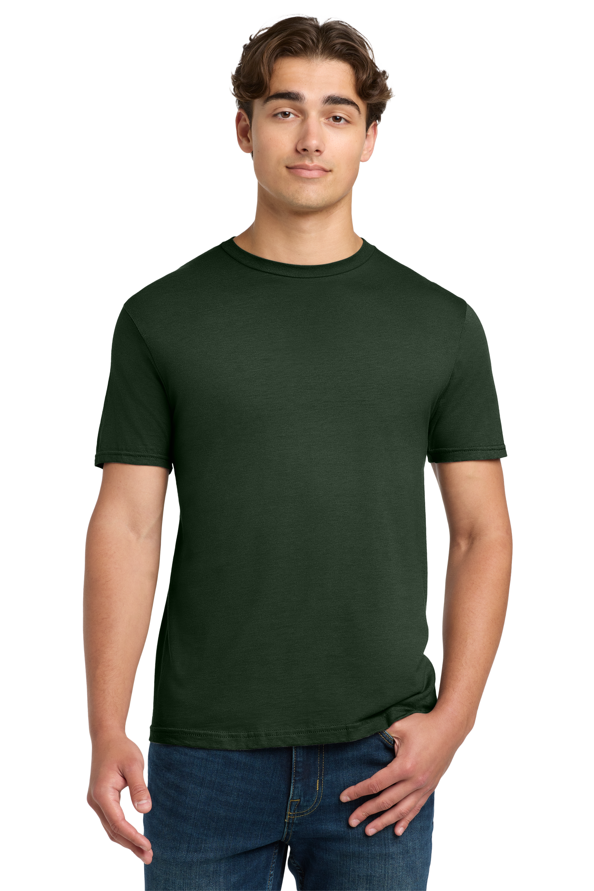 Man wearing a dark green t-shirt and jeans on a white background
