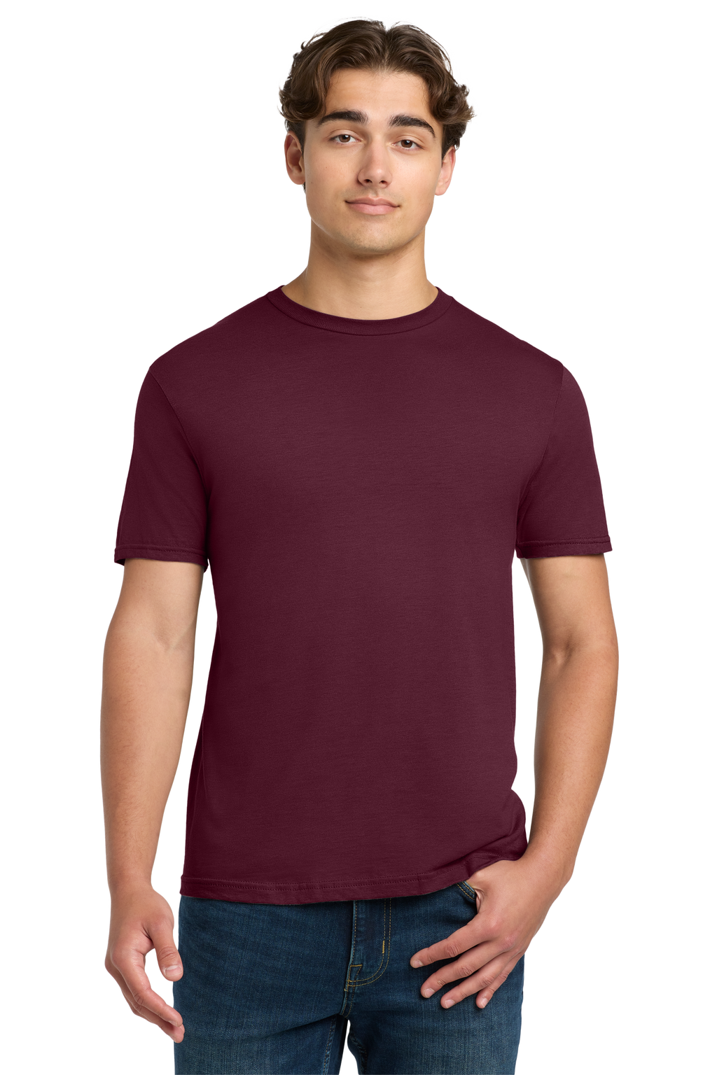 Man wearing a maroon t-shirt on a white background