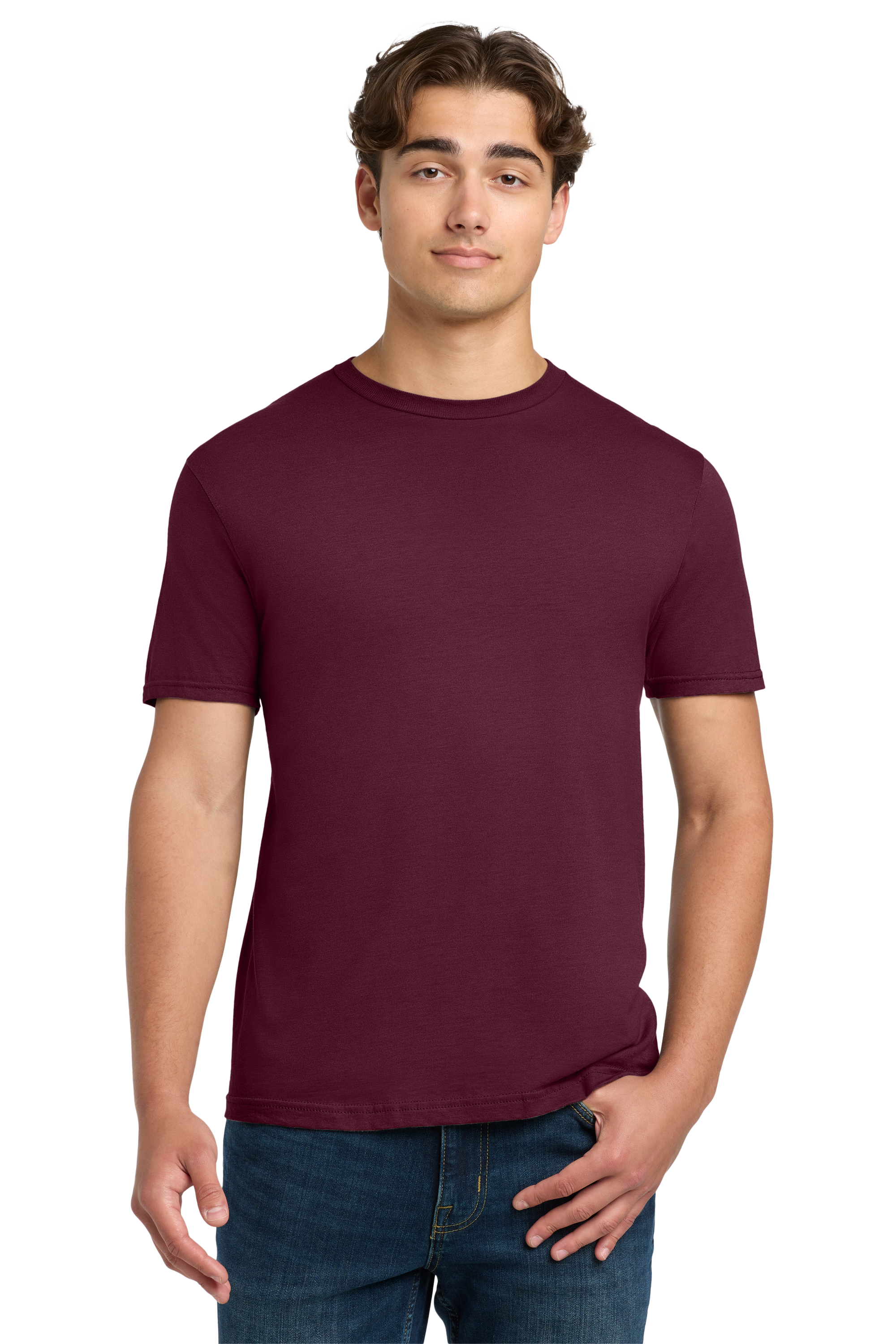 Man wearing a maroon t-shirt on a white background