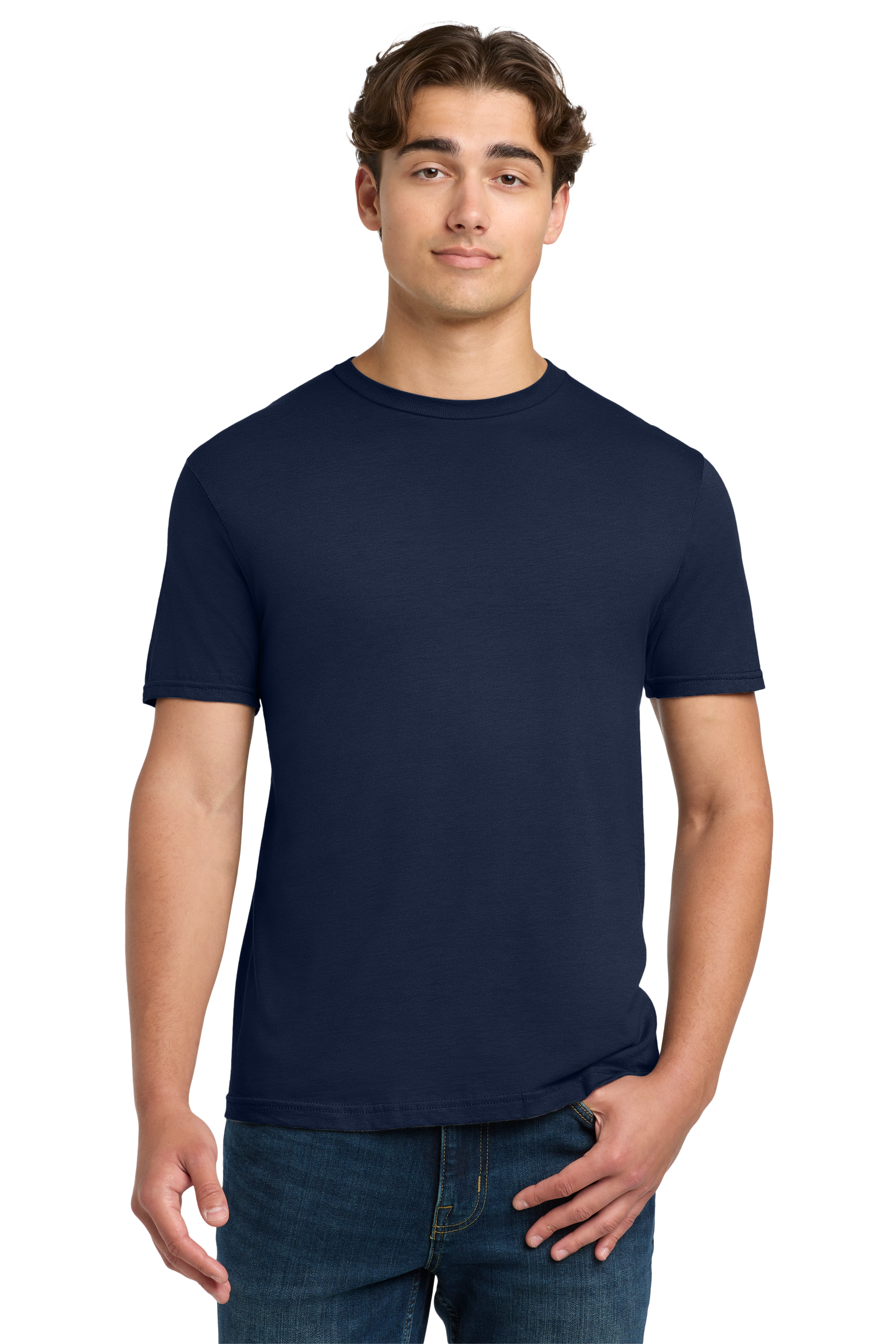 Man wearing a navy blue t-shirt on a white background
