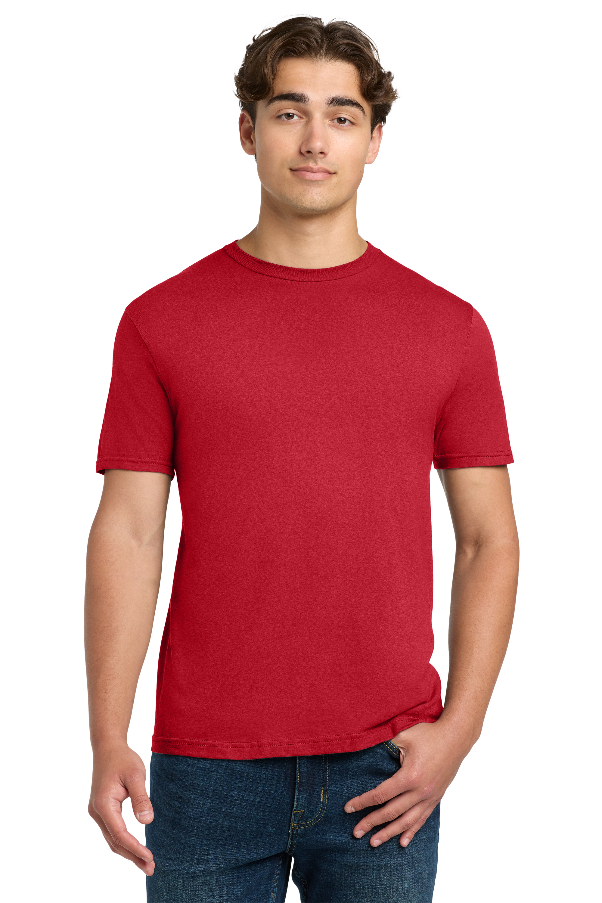 Man wearing a red t-shirt on a white background