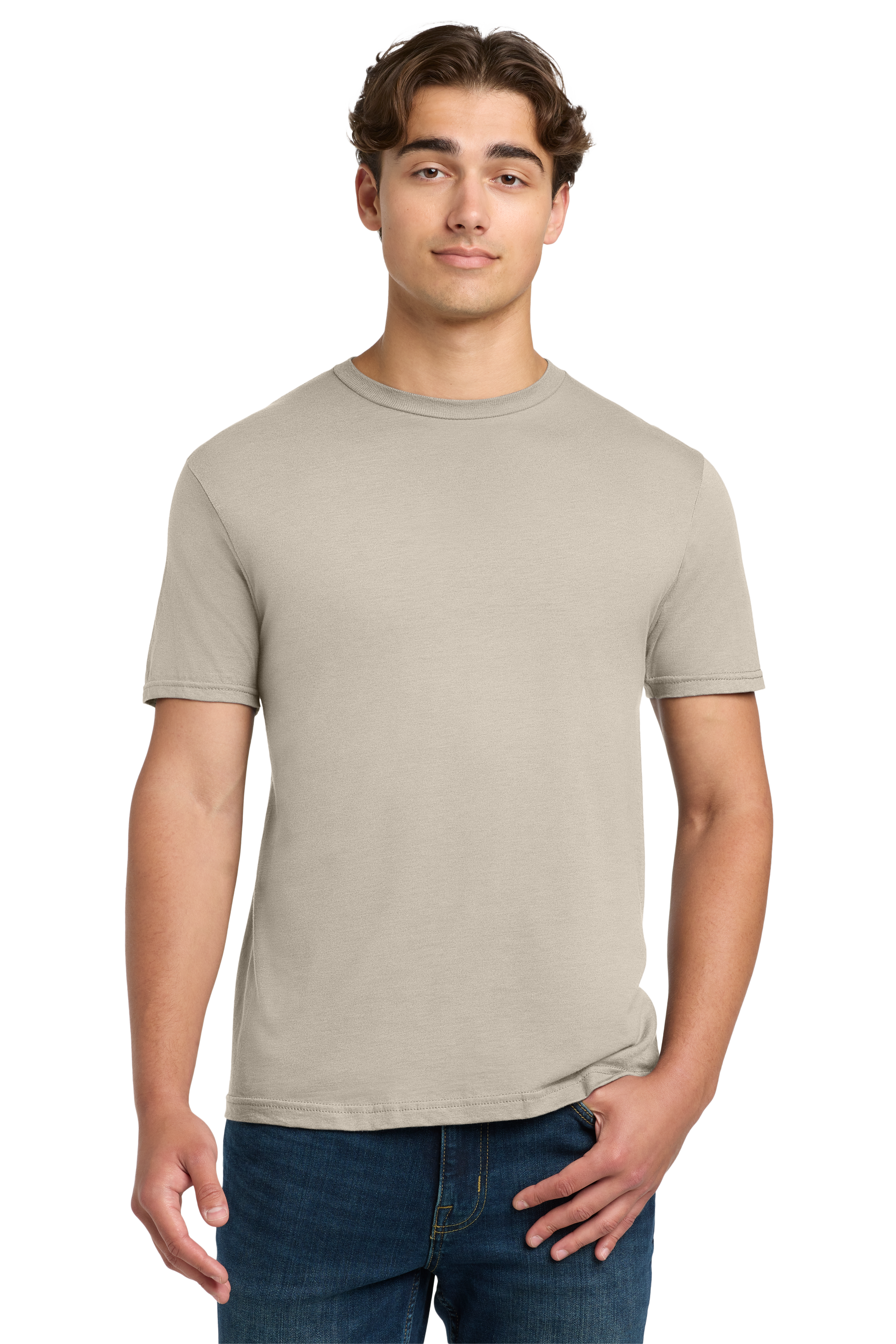 Man wearing a beige t-shirt and blue jeans on a white background