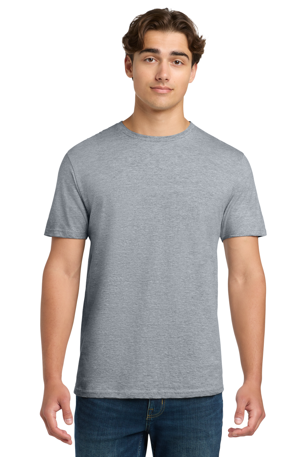 Man wearing a gray t-shirt and blue jeans on a white background