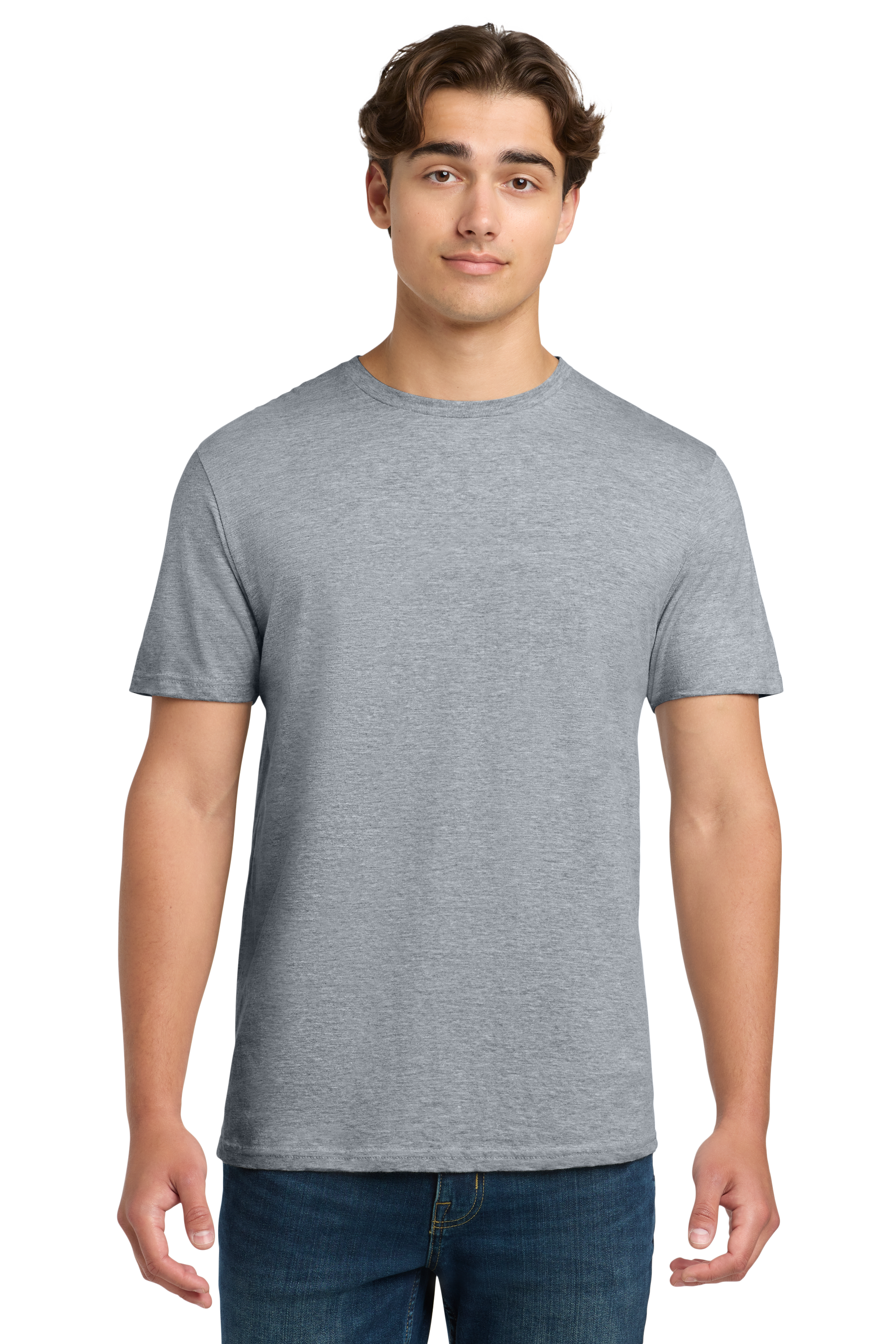 Man wearing a gray t-shirt and blue jeans on a white background