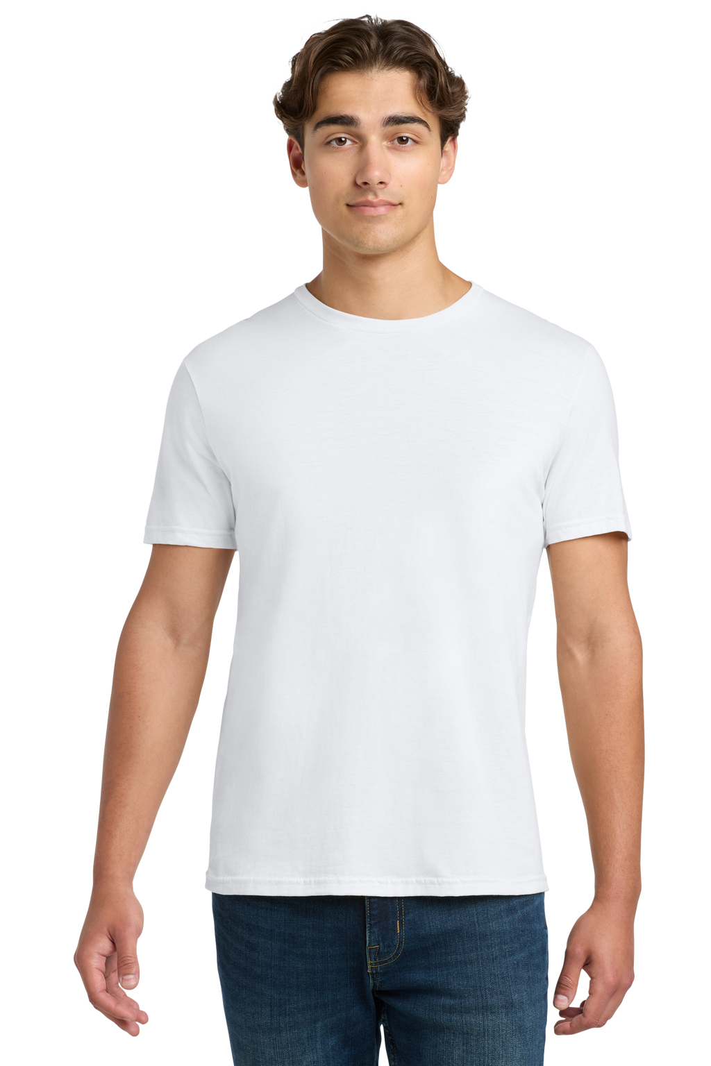 Man wearing a plain white t-shirt and blue jeans on a white background