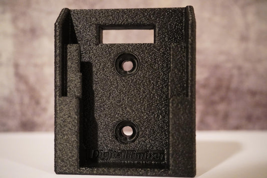 Close-up of DeWalt 20V battery holder with DigitalTimber logo on a textured background