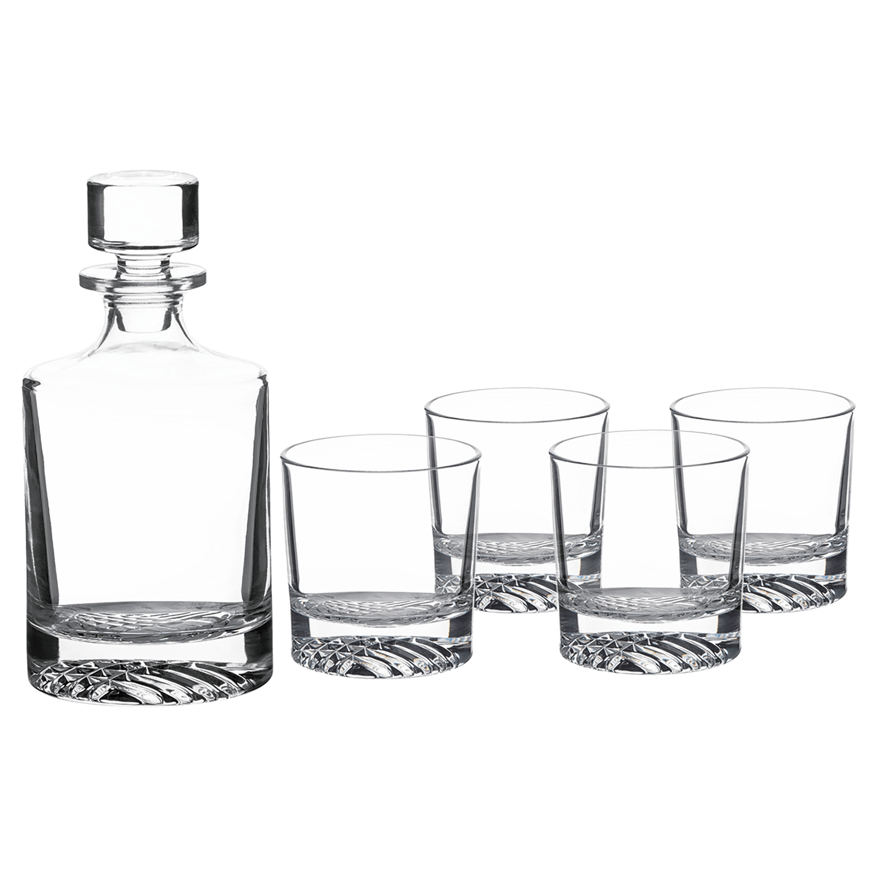 Clear glass decanter and four glasses with engraved design on a white background