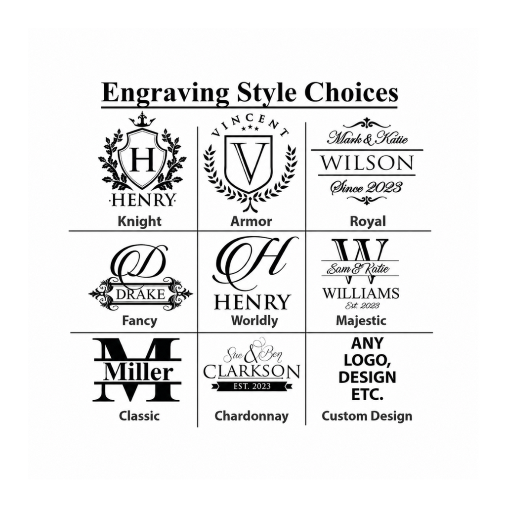 Engraving style chart showing nine personalized monogram, family name, date, and custom logo design options for slate coasters.