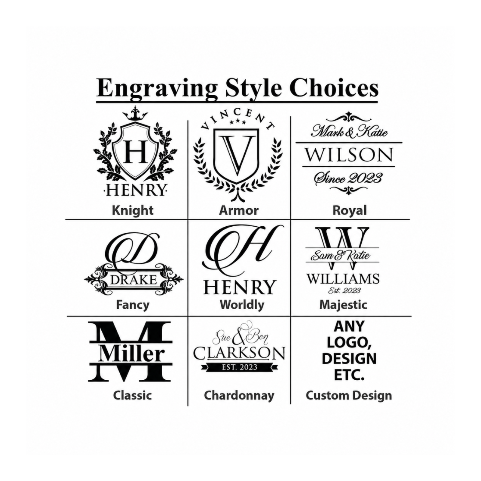 Engraving style chart showing nine personalized monogram, family name, date, and custom logo design options for slate coasters.