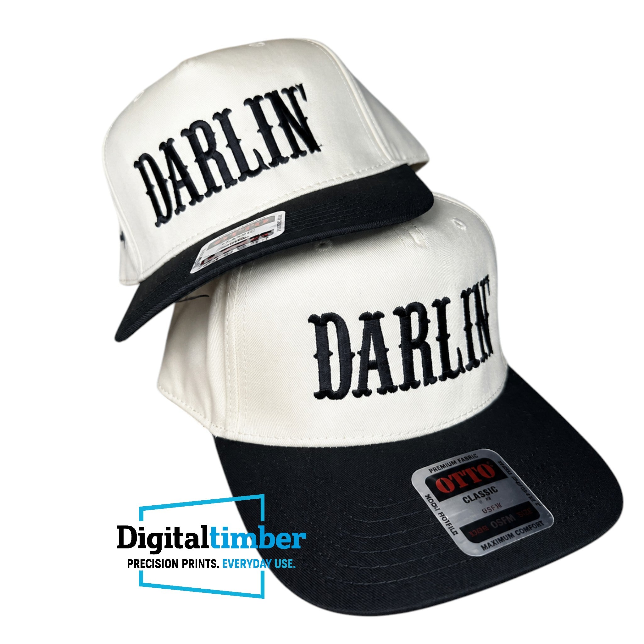 Two black and off-white snapback caps with 'DARLIN'' printed in black arched lettering on the front, displayed against a white background with a 'Digital timber' watermark.