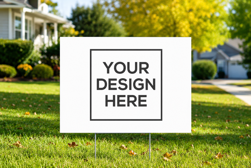 A white yard sign on metal stakes displaying the text 'YOUR DESIGN HERE' inside a black square border, set in a real outdoor lawn with houses and trees in the background.