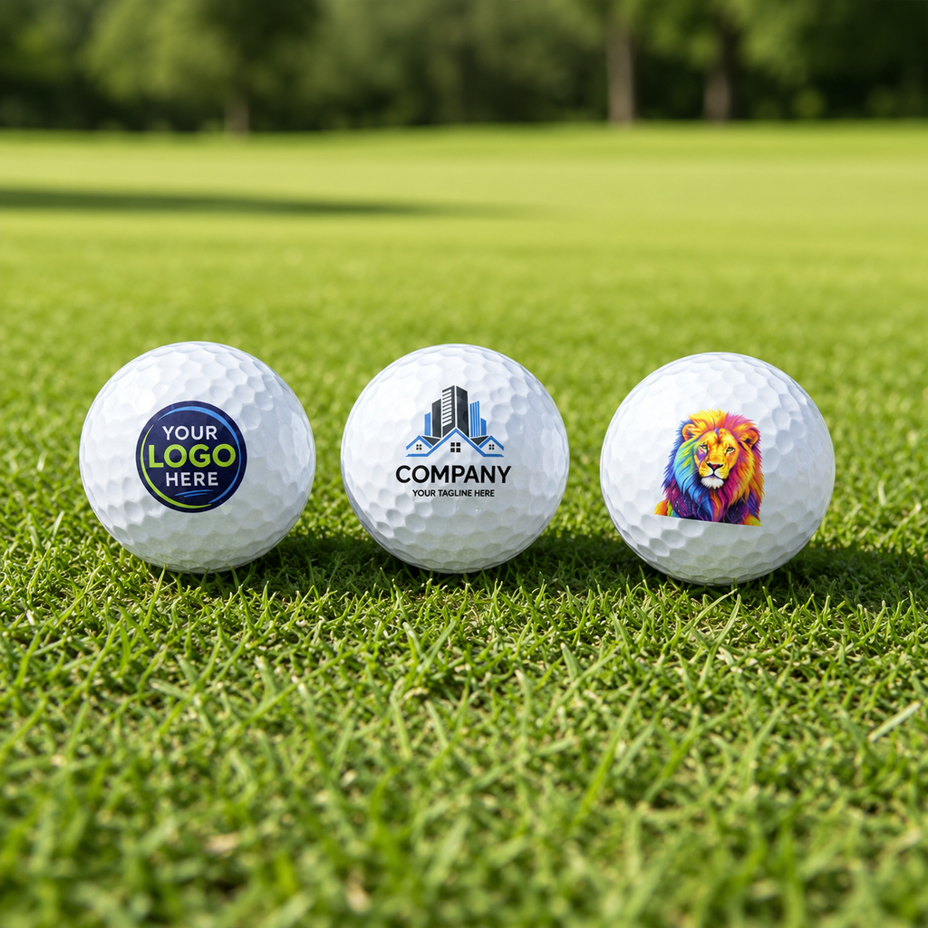 Three white golf balls on a green grass field, each printed with a custom logo: a blue circular placeholder, a blue building with the text 'COMPANY', and a colorful lion illustration.