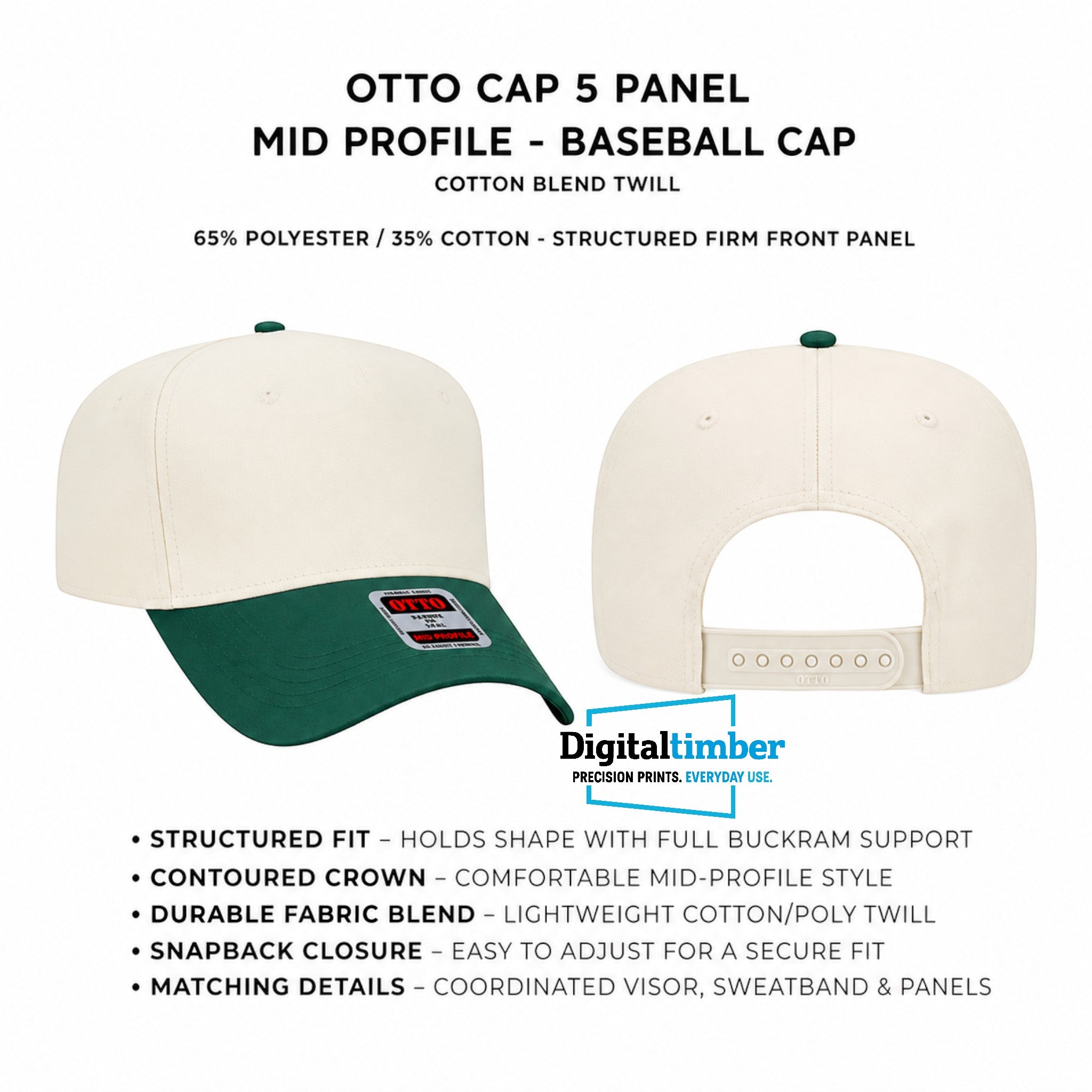 A product information graphic for an Otto Cap 5 Panel baseball cap. It shows two views of the cap: a front-three-quarter view on the left and a back view on the right, on a plain white background.