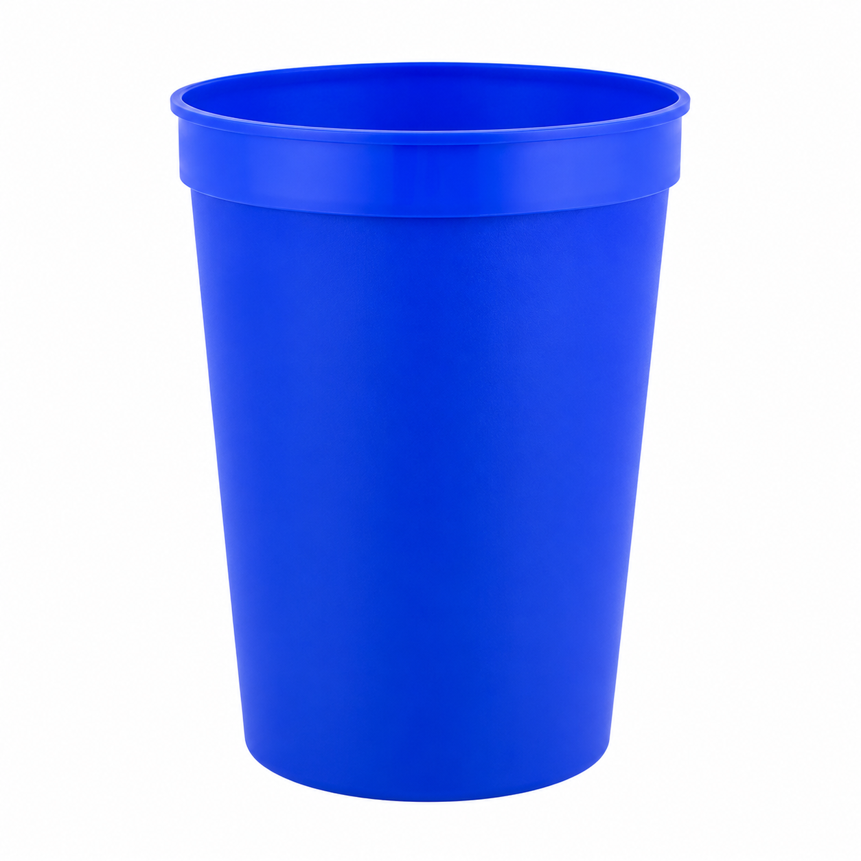 A bright blue plastic cup with a wide rim, shown on a plain white background.