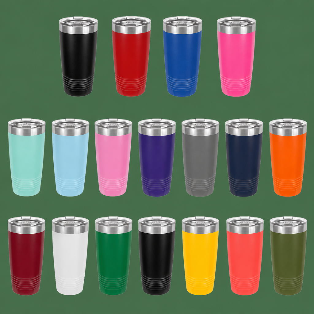 A grid of 24 insulated travel tumblers with stainless steel lids, shown in a variety of colors on a solid green background.