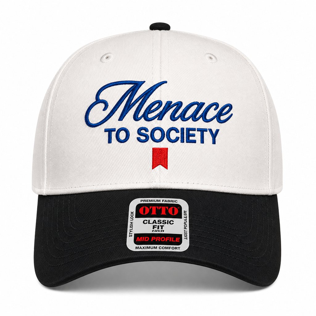White cap with 'Menace to Society' text and Otto label on a white background