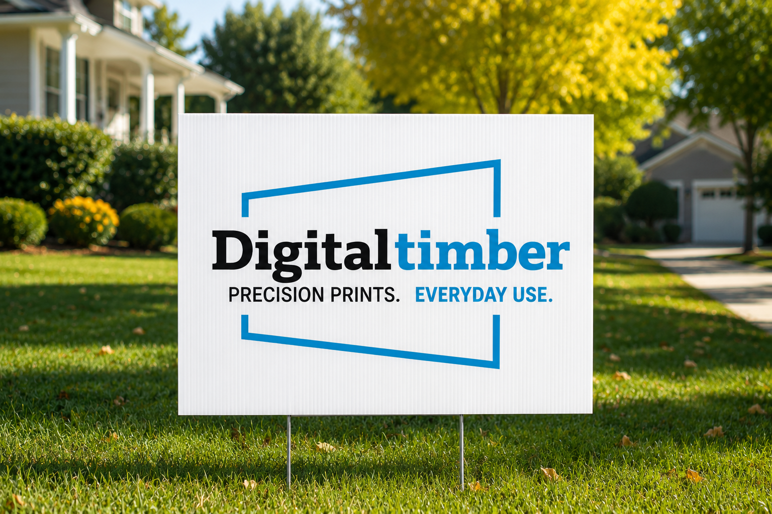 A white yard sign with the Digital Timber logo and text, displayed on a green lawn in front of a suburban house.