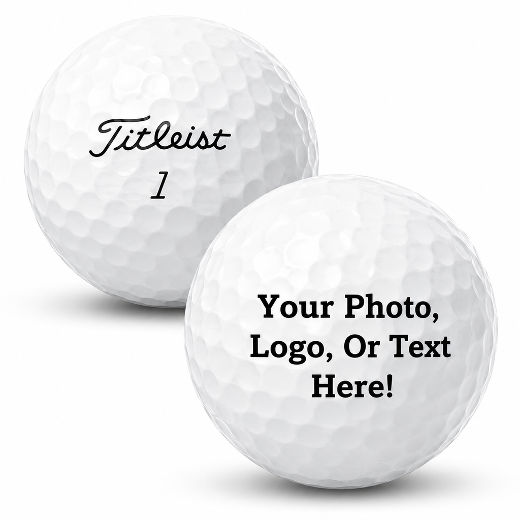 Two white dimpled golf balls on a light gray background. The left ball is printed with the word 'Titleist' in black script and the number '1' below it.